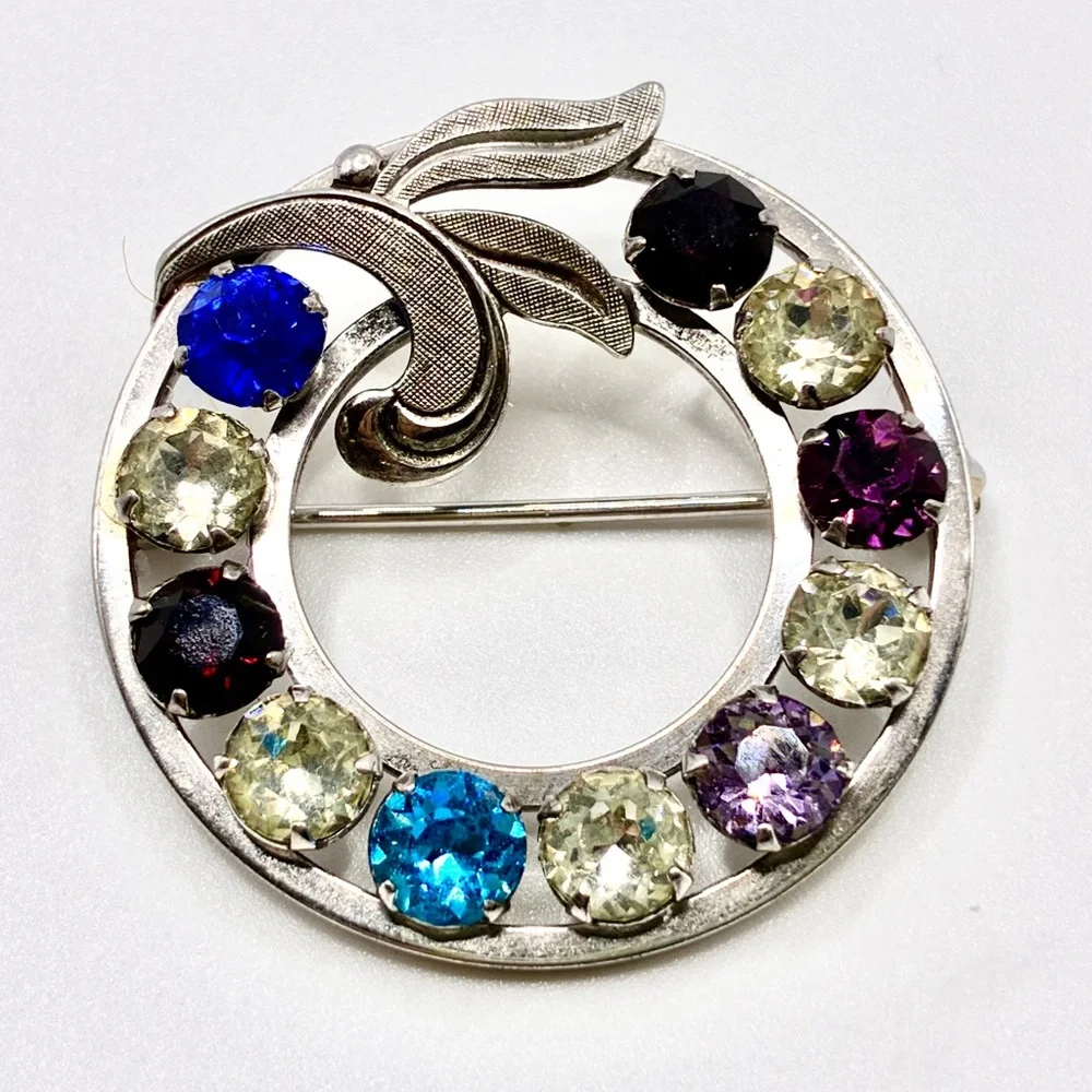 Vintage Circular Brooch in Silver Tone with Colored Rhinestones  1.25 Inch Diam.